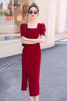 Z230025  红色连衣裙女2023夏新款方领高级收腰显瘦法式敬酒订婚裙