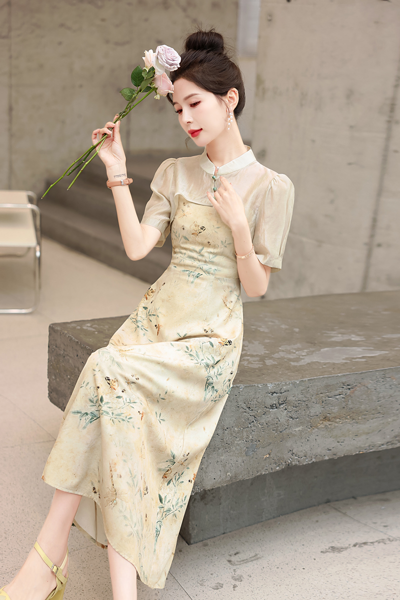 Z2400070  新中式国风印花吊带连衣裙夏季旗袍改良年轻款少女罩衫上衣两件套