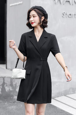 Z21XLF8536夏装收腰显瘦短袖小黑裙气质西装连衣裙