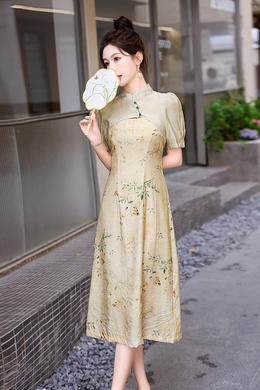 Z2400071  新中式国风改良旗袍连衣裙子女2024年早春季新款收腰高端长裙套装