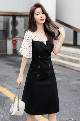 Z20XL061夏新款法式复古雪纺连衣裙女装收腰显瘦气质森系黑色裙子