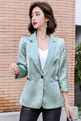 Z20QF110夏新款银丝条纹七分袖西装韩版时尚修身小香风薄款外套